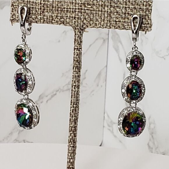 RAINBOW CUBIC ZIRCONIA & Rhinestone Dangle Sparkling Earrings - Picture 1 of 6